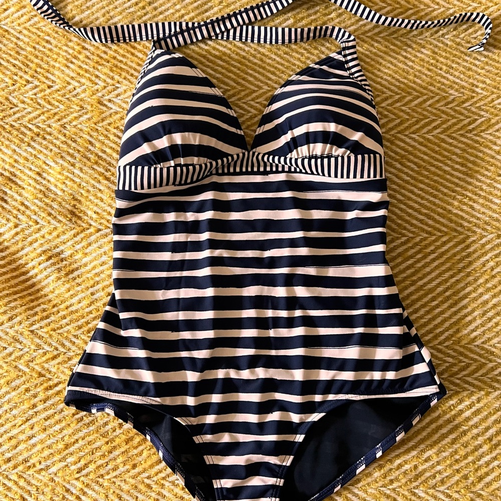 Toast Painterly Striped Navy & Cream One-Piece Swimsuit size UK 16 NWOT